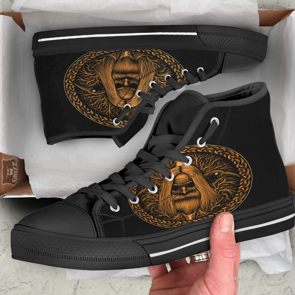 Odin Gold With Muninn And Huginn Print Black High Top Shoes-grizzshop