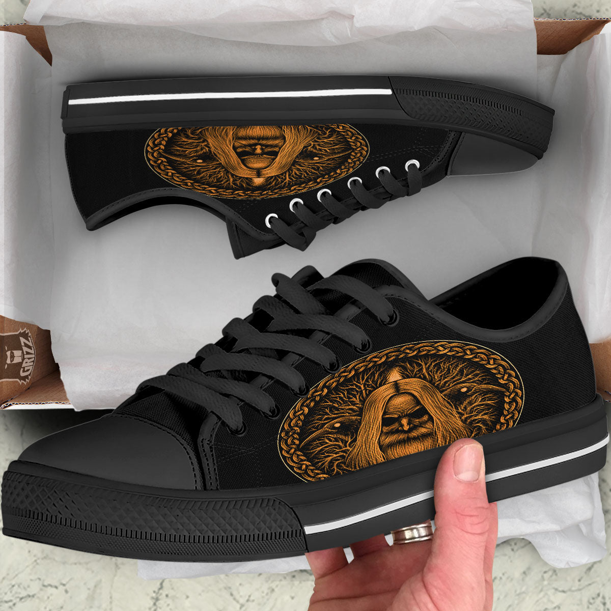 Odin Gold With Muninn And Huginn Print Black Low Top Shoes-grizzshop