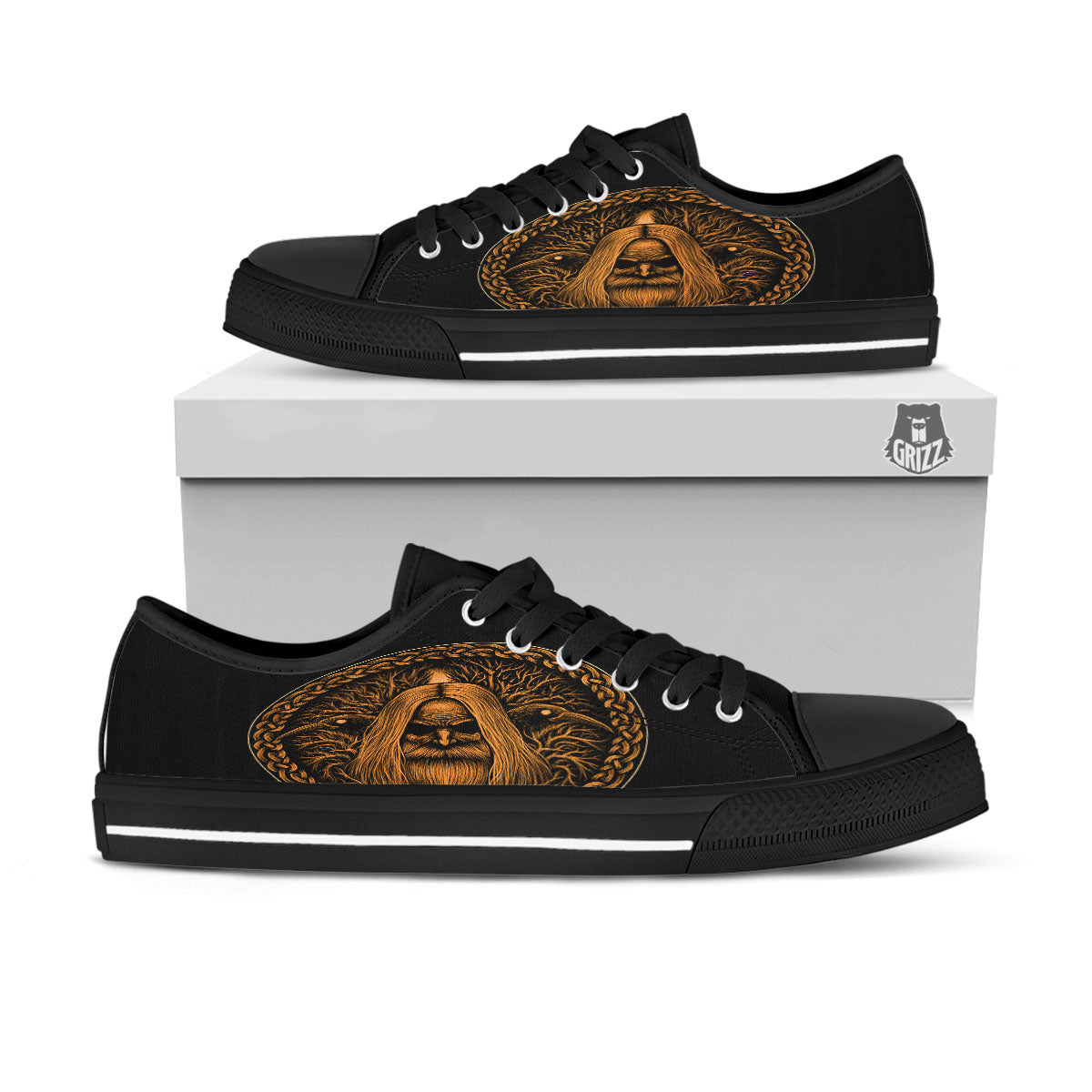 Odin Gold With Muninn And Huginn Print Black Low Top Shoes-grizzshop