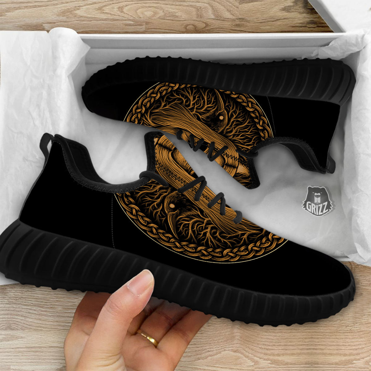 Odin Gold With Muninn And Huginn Print Black Walking Shoes-grizzshop
