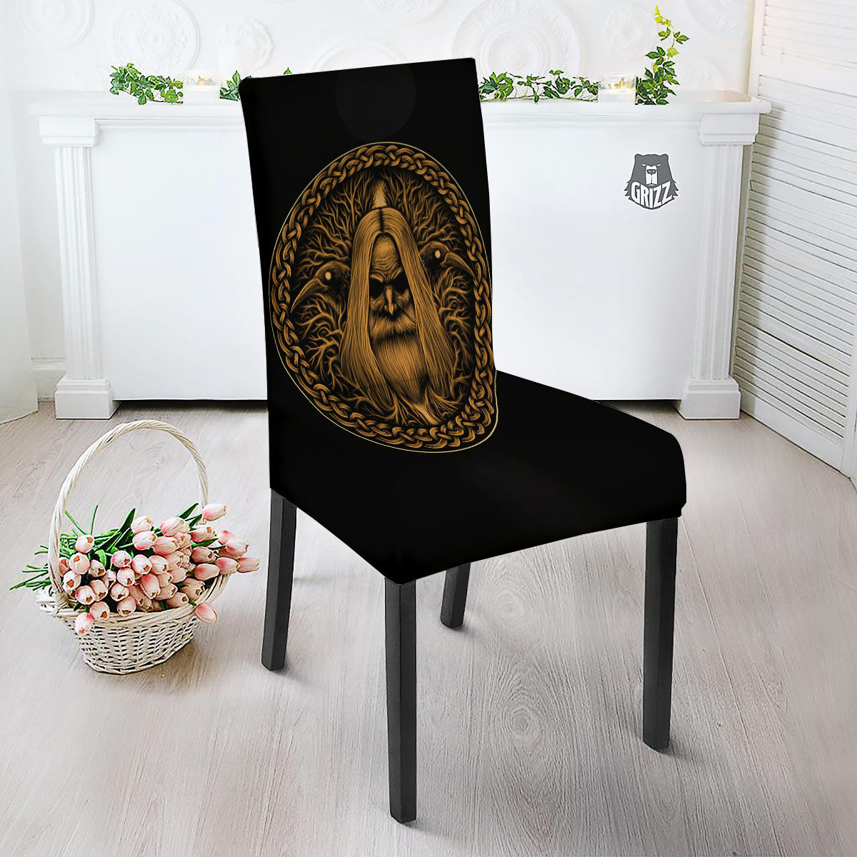 Odin Gold With Muninn And Huginn Print Dining Chair Slipcover-grizzshop