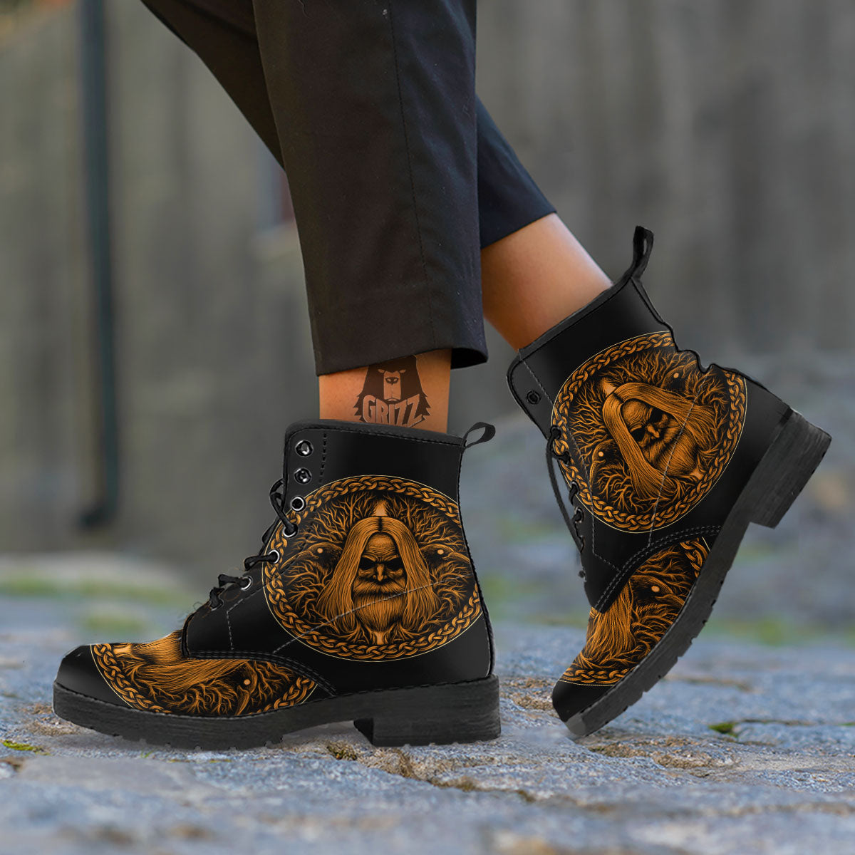Odin Gold With Muninn And Huginn Print Leather Boots-grizzshop