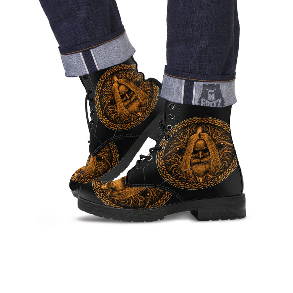 Odin Gold With Muninn And Huginn Print Leather Boots-grizzshop
