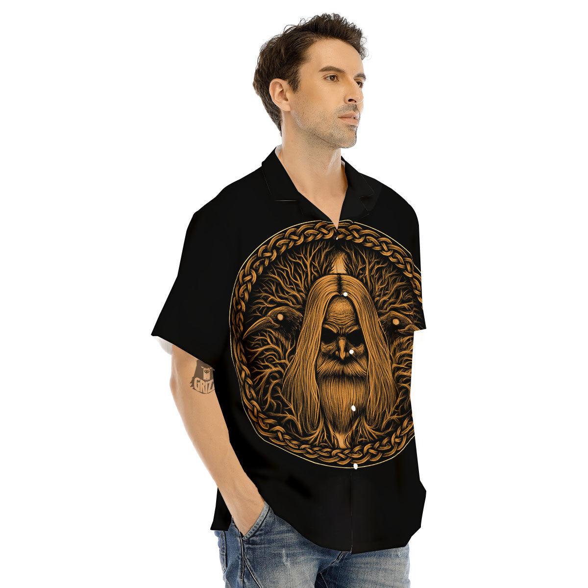 Odin Gold With Muninn And Huginn Print Men's Hawaiian Shirt-grizzshop