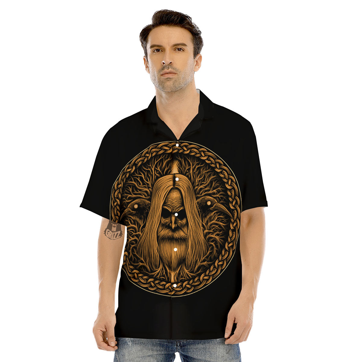Odin Gold With Muninn And Huginn Print Men's Hawaiian Shirt-grizzshop