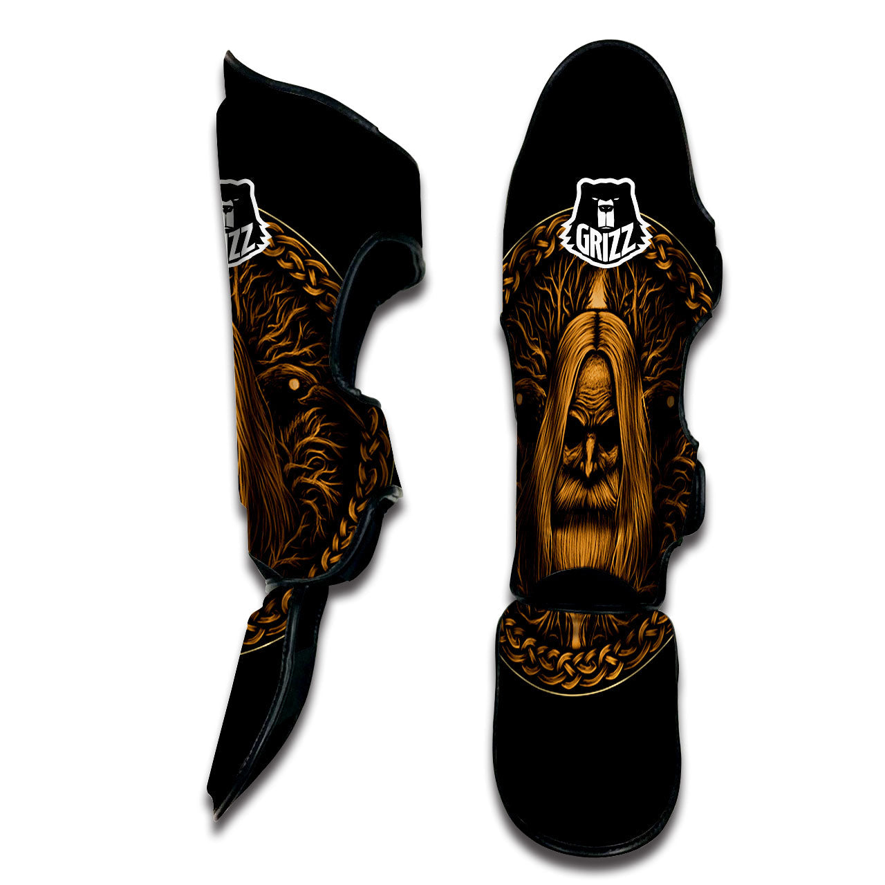 Odin Gold With Muninn And Huginn Print Muay Thai Shin Guards-grizzshop