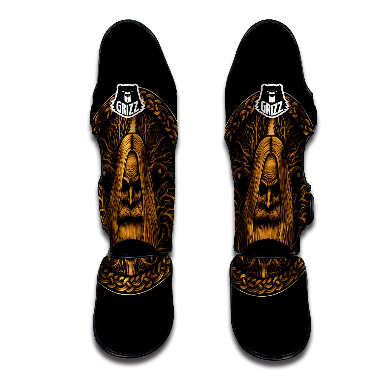 Odin Gold With Muninn And Huginn Print Muay Thai Shin Guards-grizzshop