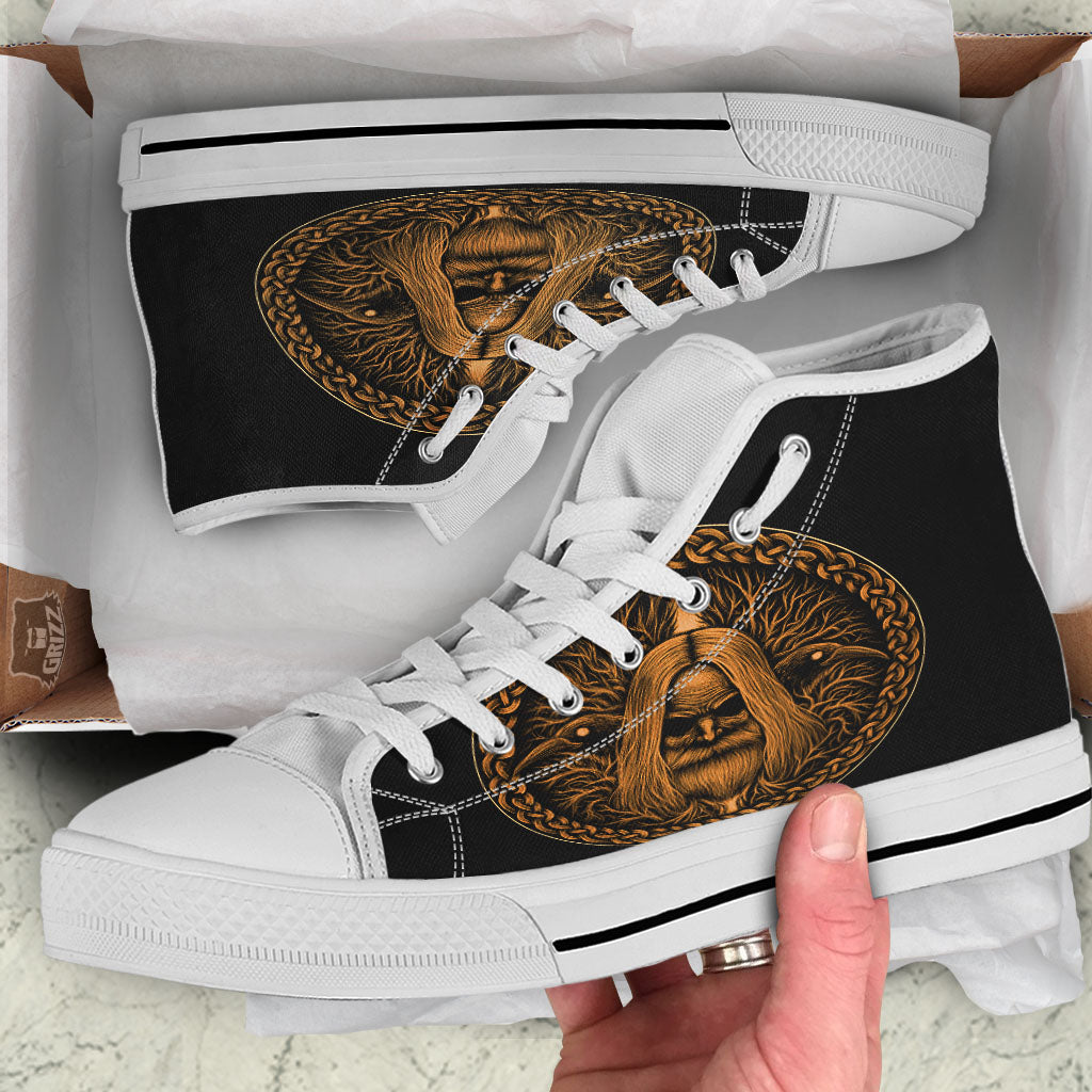 Odin Gold With Muninn And Huginn Print White High Top Shoes-grizzshop