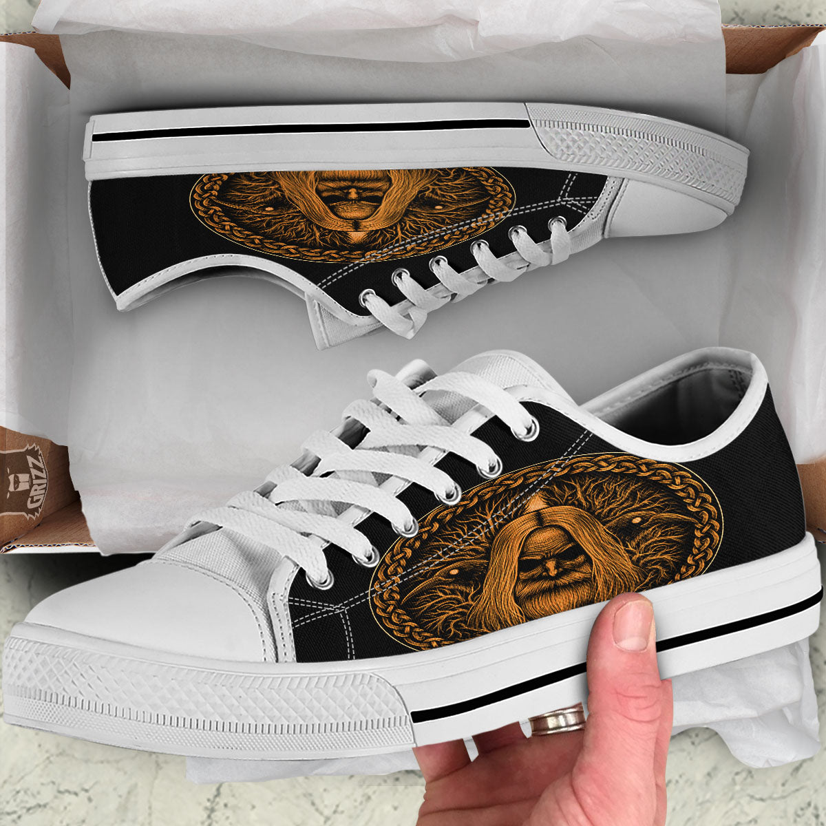 Odin Gold With Muninn And Huginn Print White Low Top Shoes-grizzshop