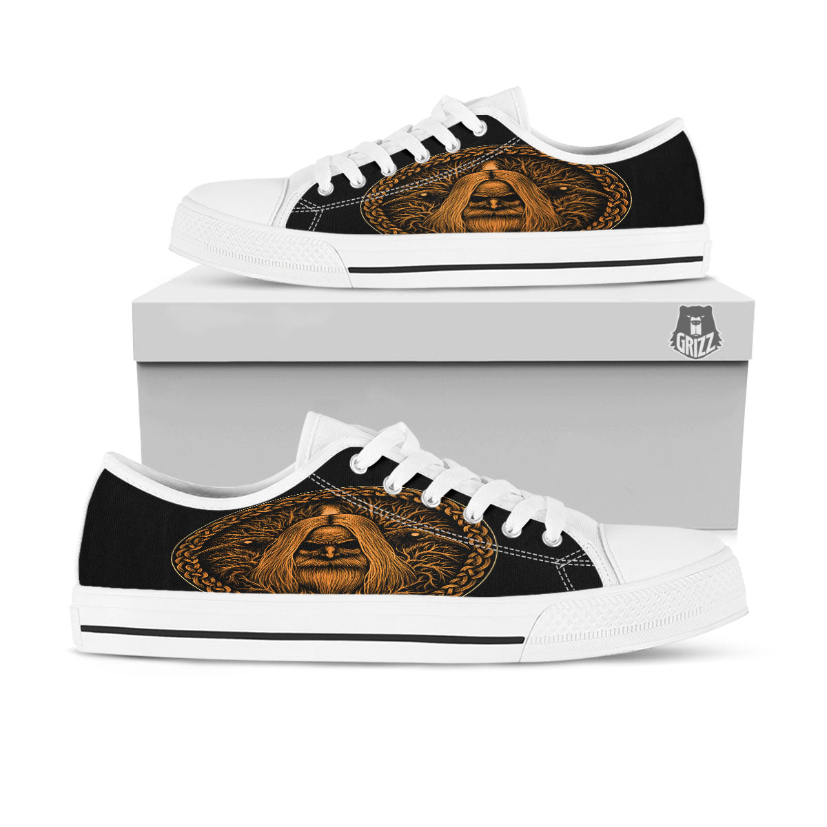 Odin Gold With Muninn And Huginn Print White Low Top Shoes-grizzshop
