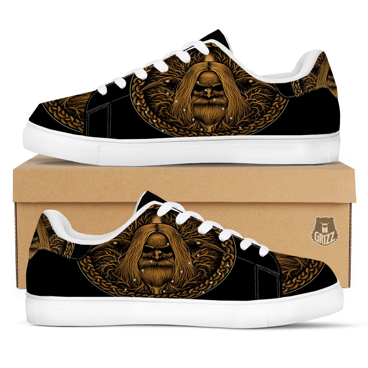Odin Gold With Muninn And Huginn Print White Low Top Sneakers-grizzshop