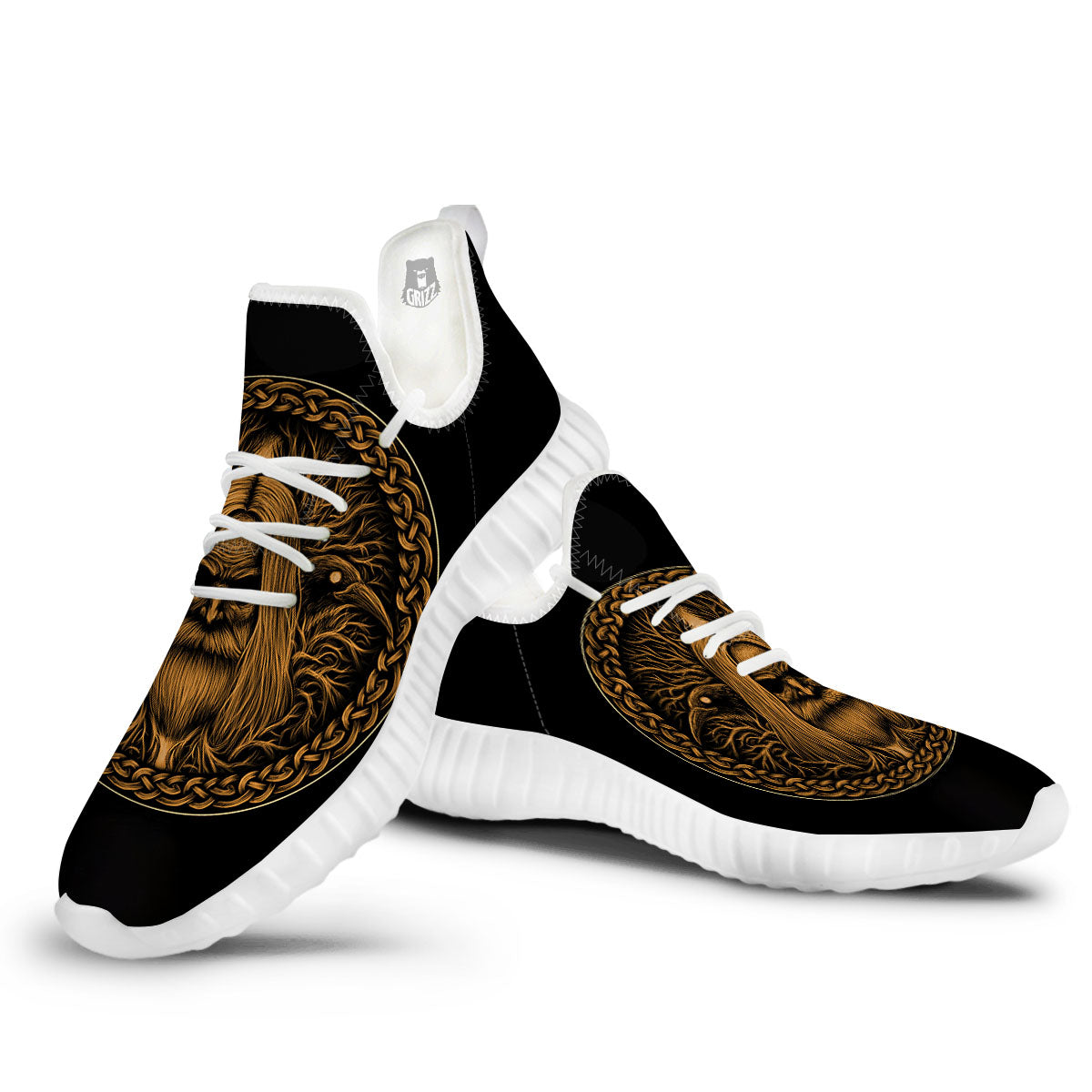 Odin Gold With Muninn And Huginn Print White Walking Shoes-grizzshop