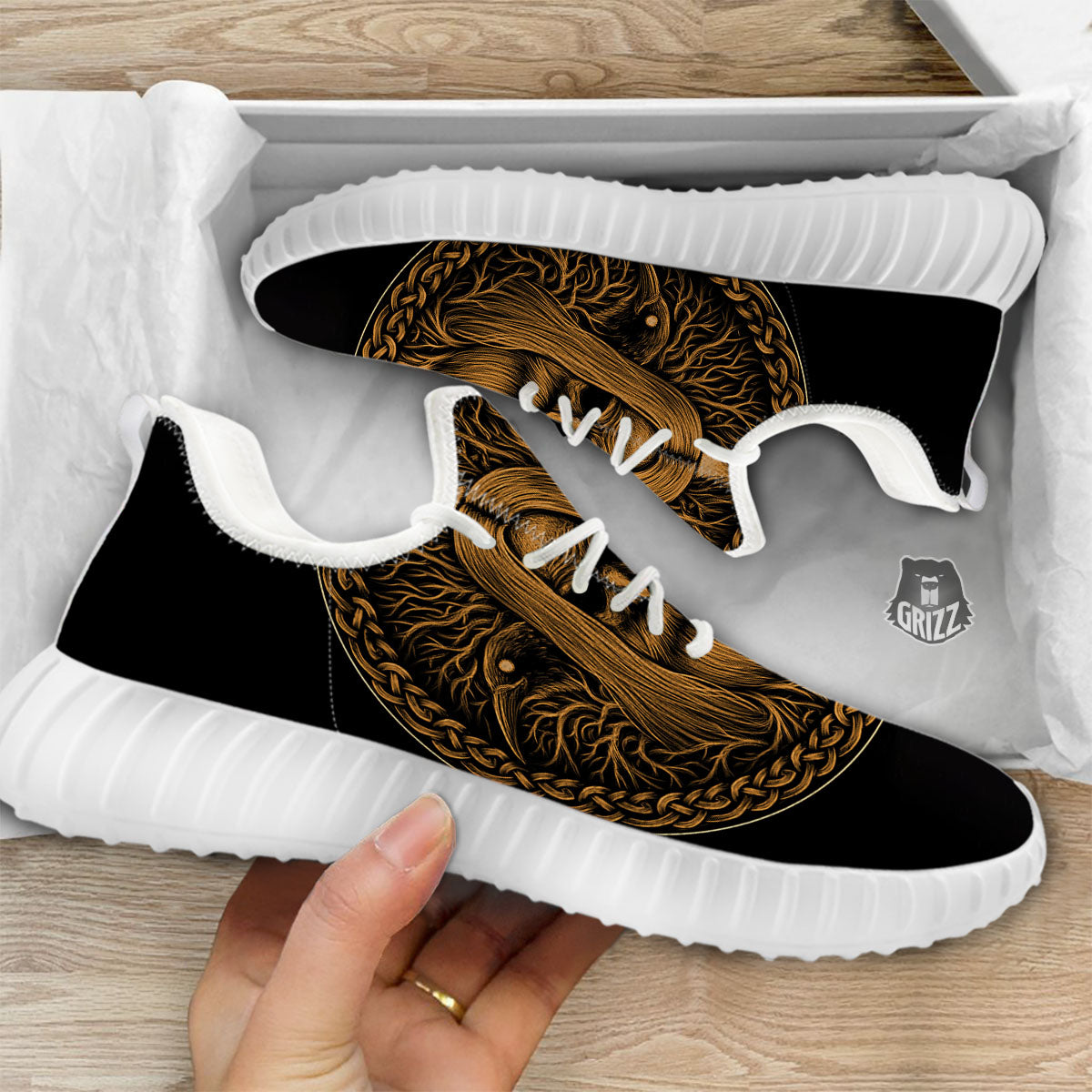 Odin Gold With Muninn And Huginn Print White Walking Shoes-grizzshop