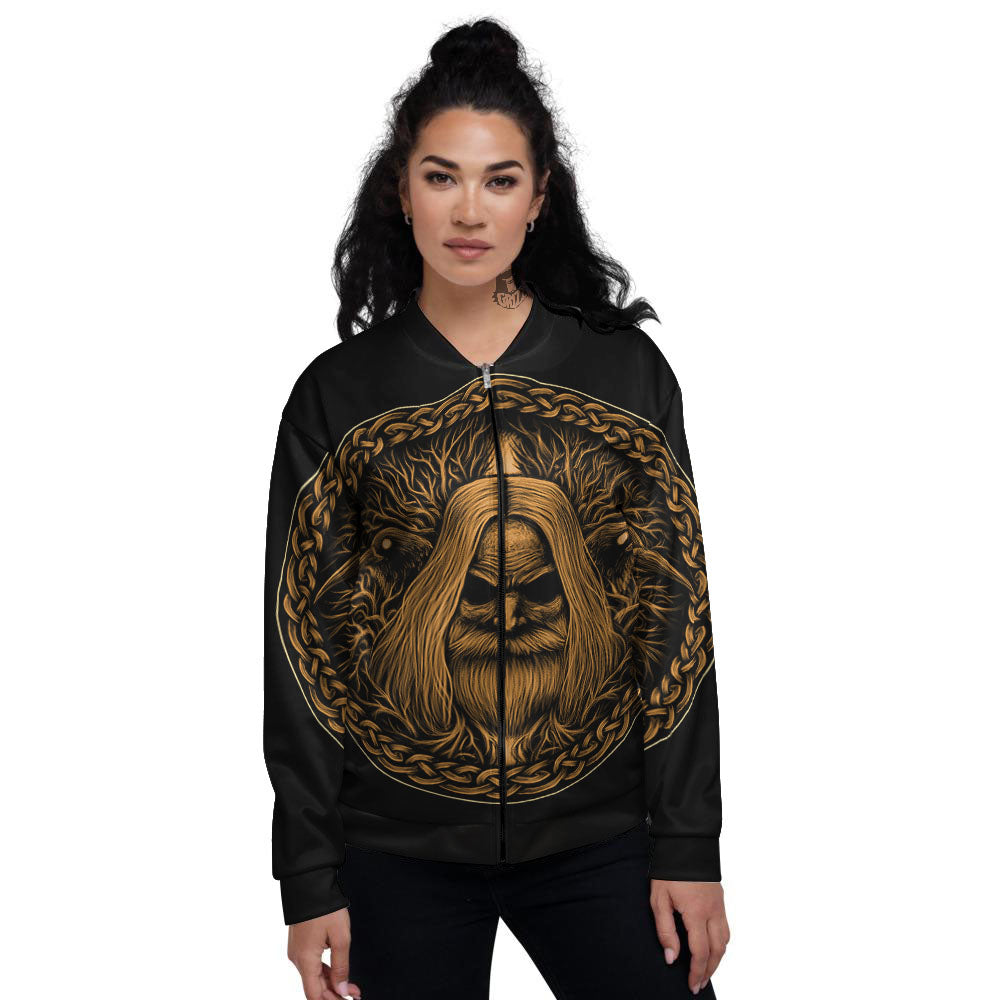 Odin Gold With Muninn And Huginn Print Women's Bomber Jacket-grizzshop