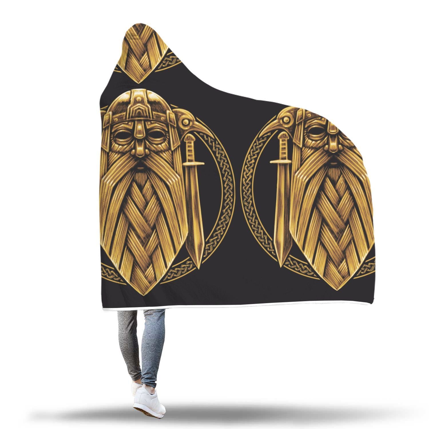 Odin Viking Sword Raven Print Hooded Blanket-grizzshop