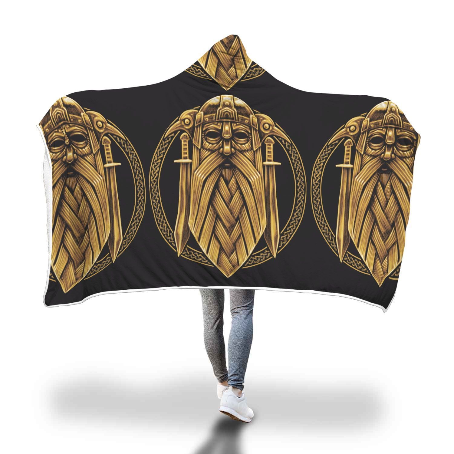Odin Viking Sword Raven Print Hooded Blanket-grizzshop