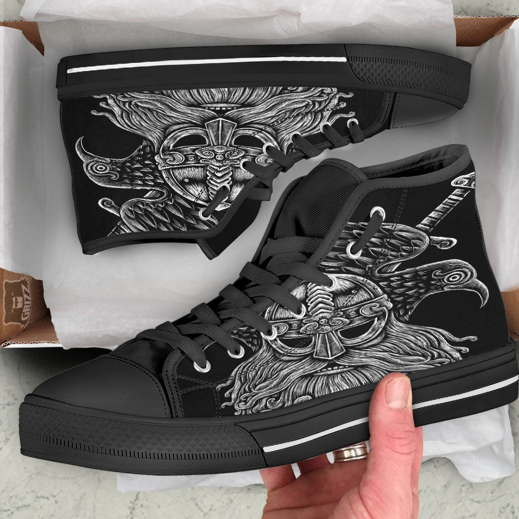 Odin With Crows White And Black Print Black High Top Shoes-grizzshop