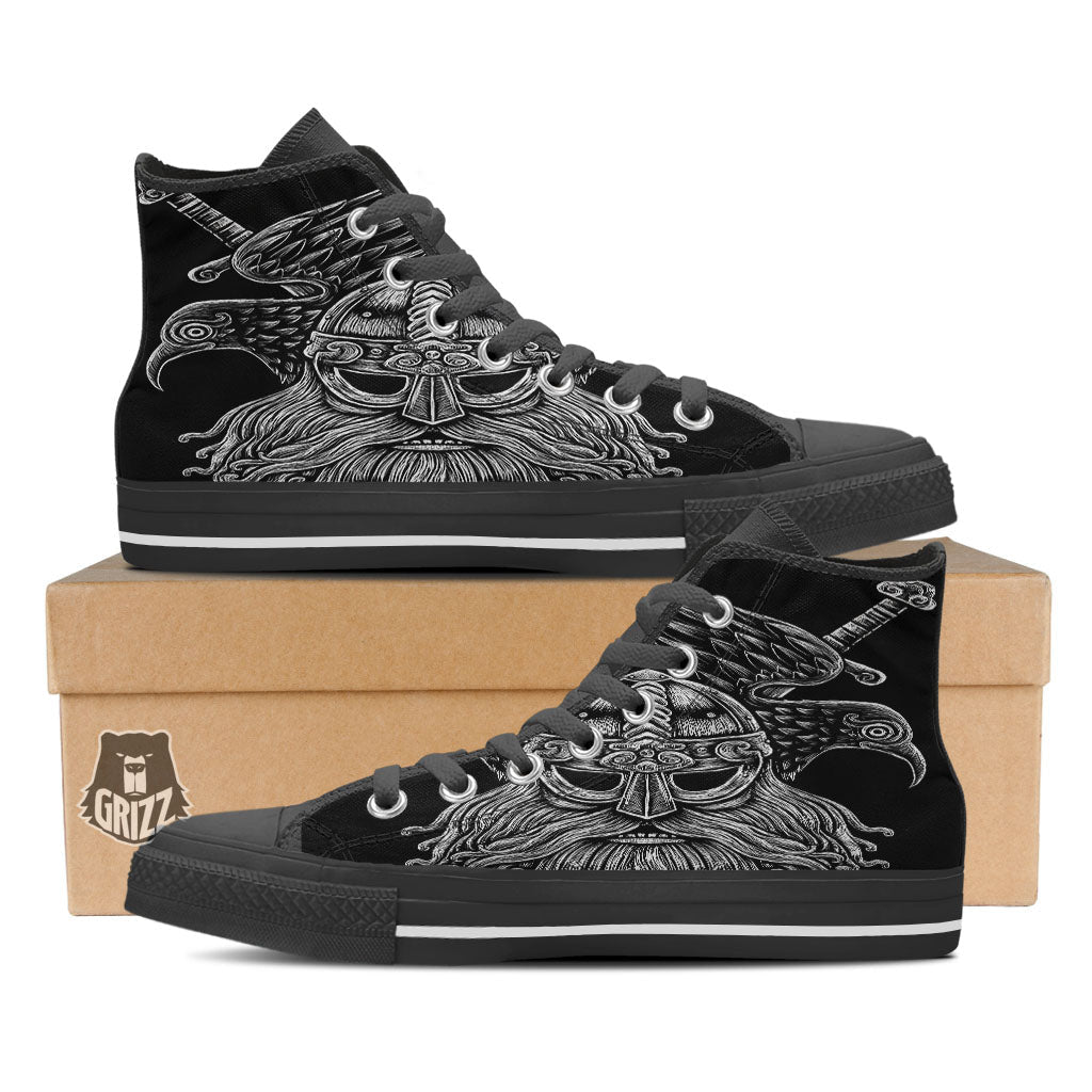 Odin With Crows White And Black Print Black High Top Shoes-grizzshop