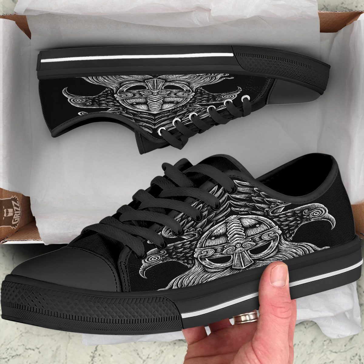 Odin With Crows White And Black Print Black Low Top Shoes-grizzshop