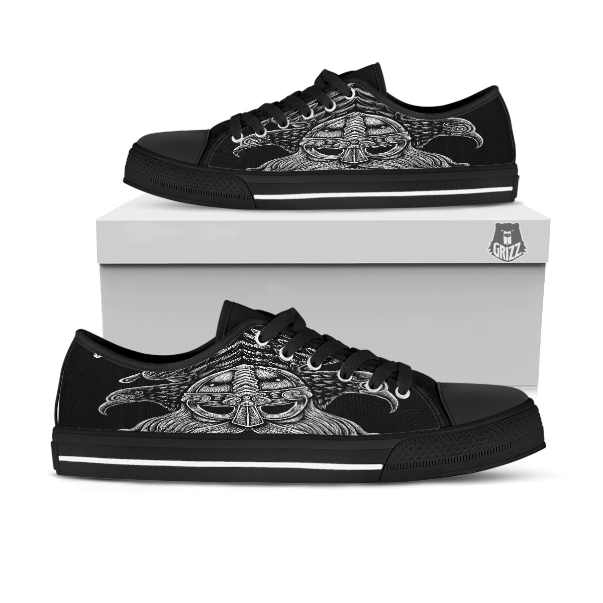 Odin With Crows White And Black Print Black Low Top Shoes-grizzshop