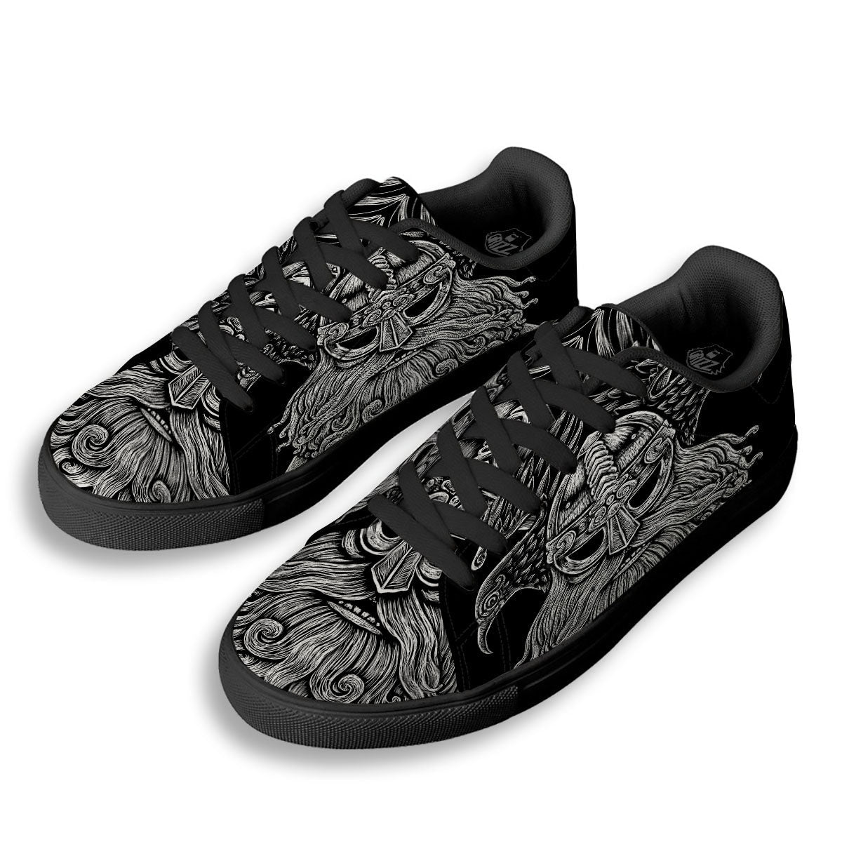 Odin With Crows White And Black Print Black Low Top Sneakers-grizzshop