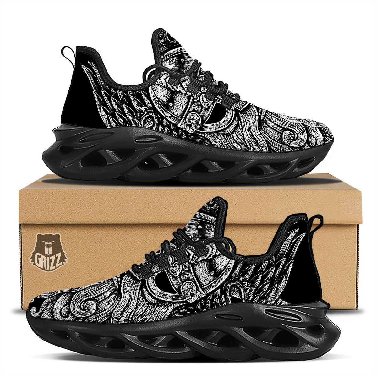 Odin With Crows White And Black Print Black Running Shoes-grizzshop