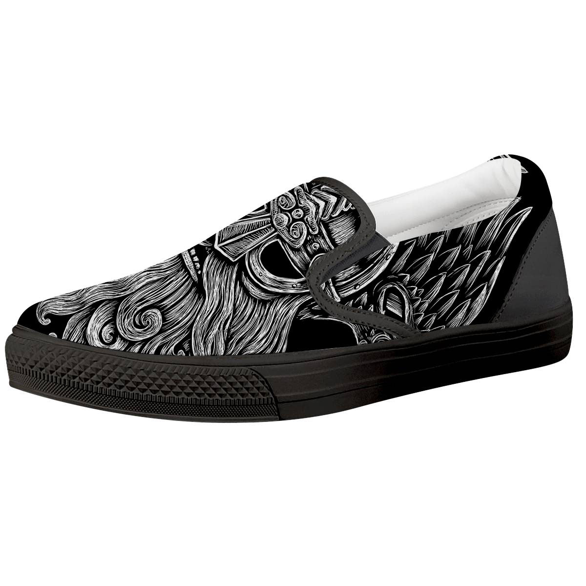 Odin With Crows White And Black Print Black Slip On Shoes-grizzshop