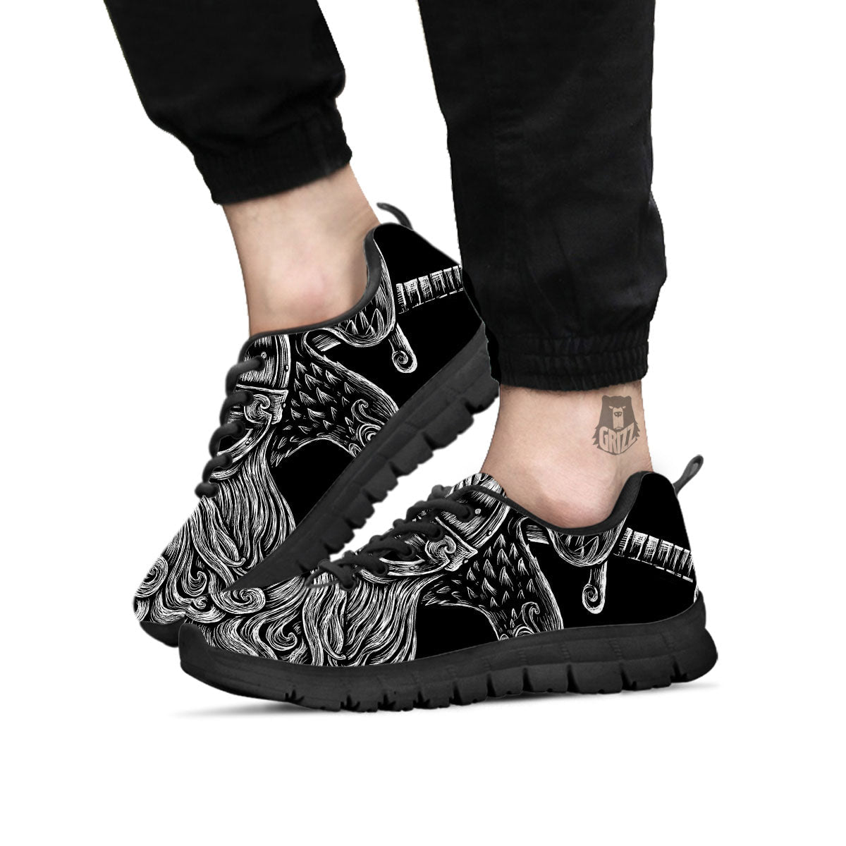 Odin With Crows White And Black Print Black Sneaker-grizzshop