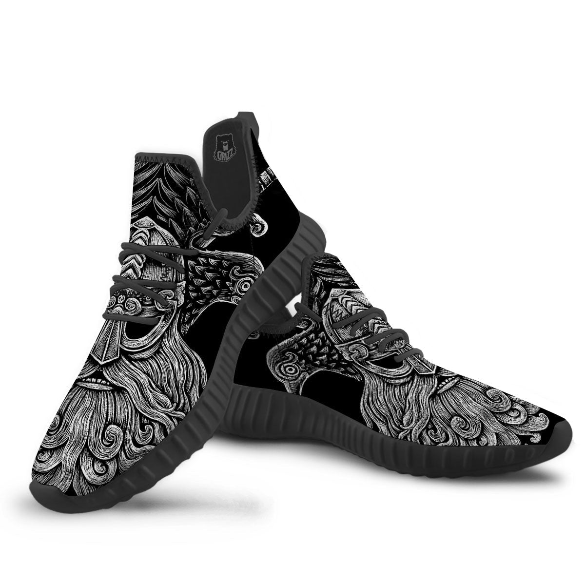 Odin With Crows White And Black Print Black Walking Shoes-grizzshop