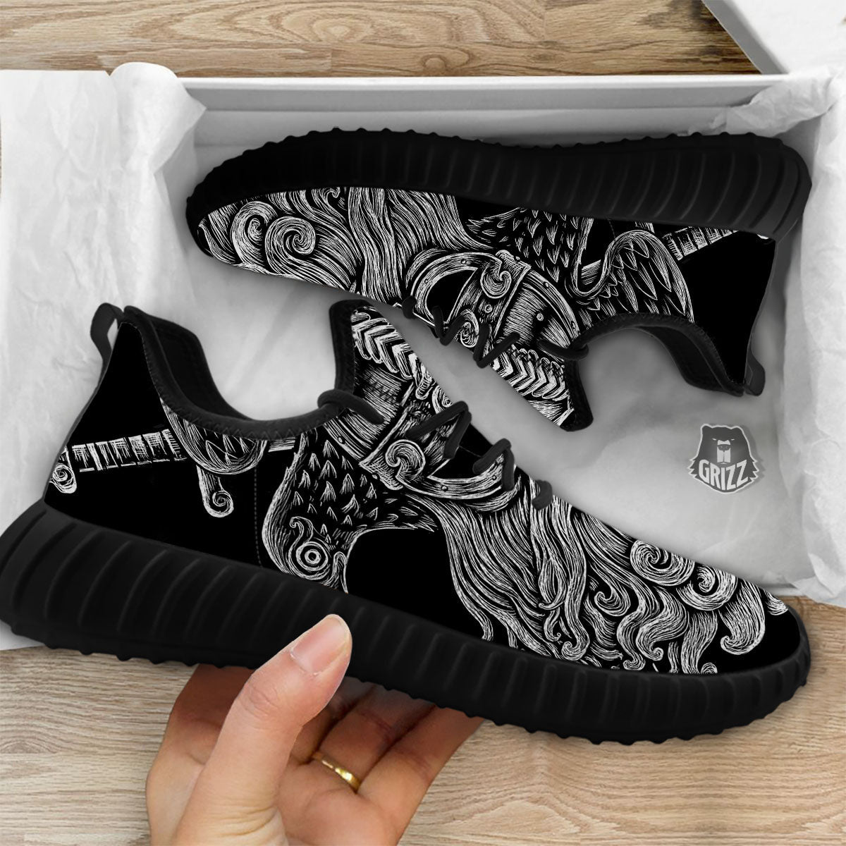 Odin With Crows White And Black Print Black Walking Shoes-grizzshop