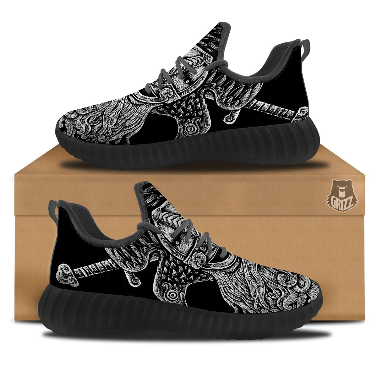Odin With Crows White And Black Print Black Walking Shoes-grizzshop