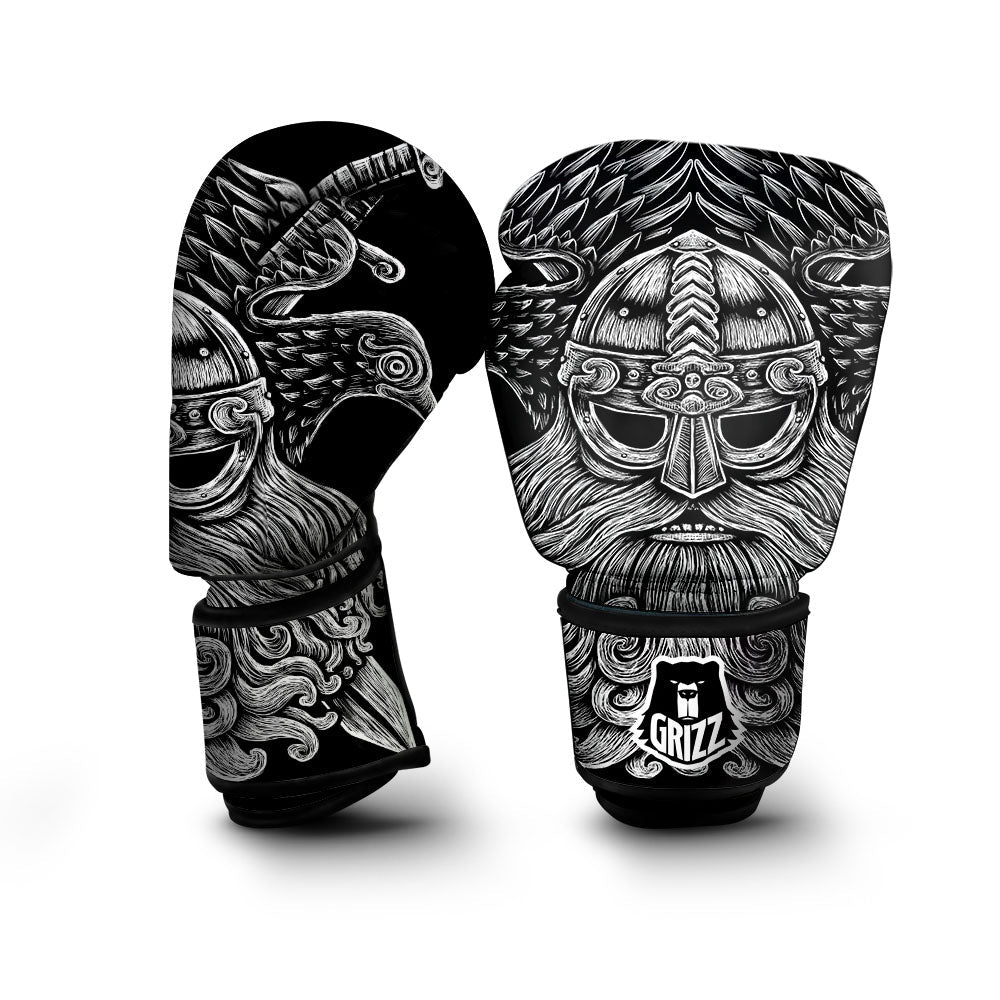 Odin With Crows White And Black Print Boxing Gloves-grizzshop