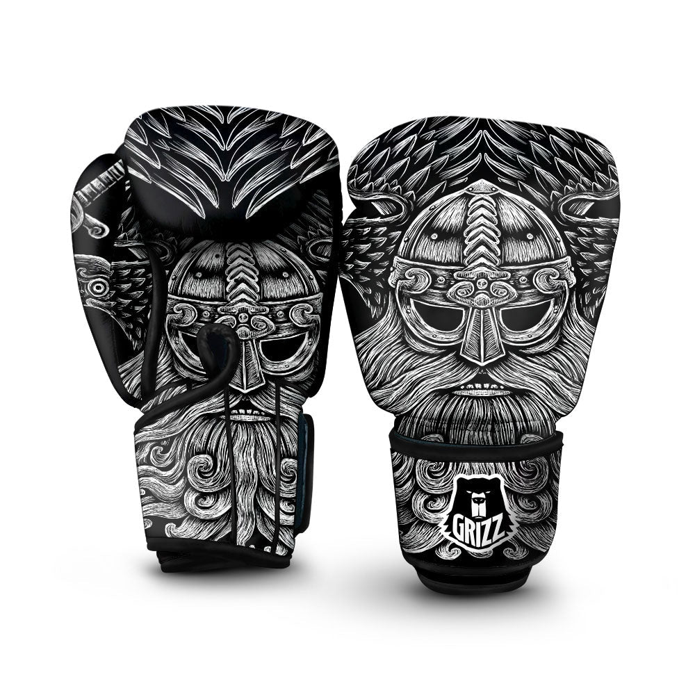 Odin With Crows White And Black Print Boxing Gloves-grizzshop