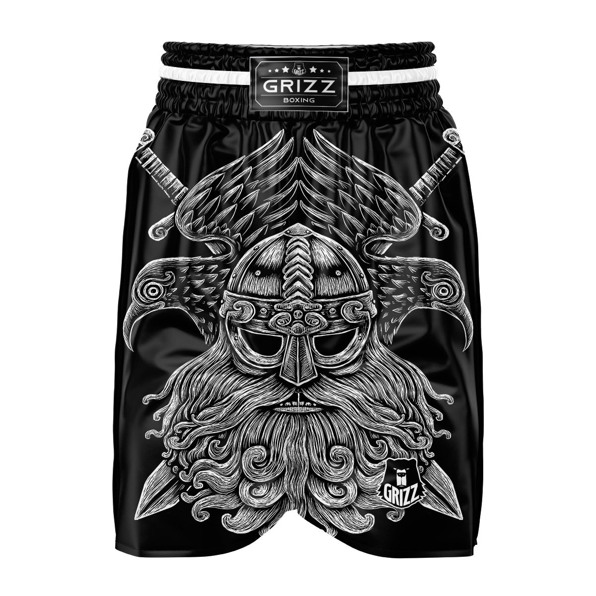 Odin With Crows White And Black Print Boxing Shorts-grizzshop
