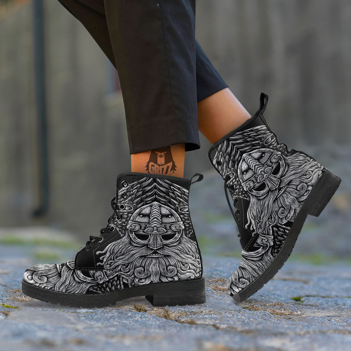 Odin With Crows White And Black Print Leather Boots-grizzshop