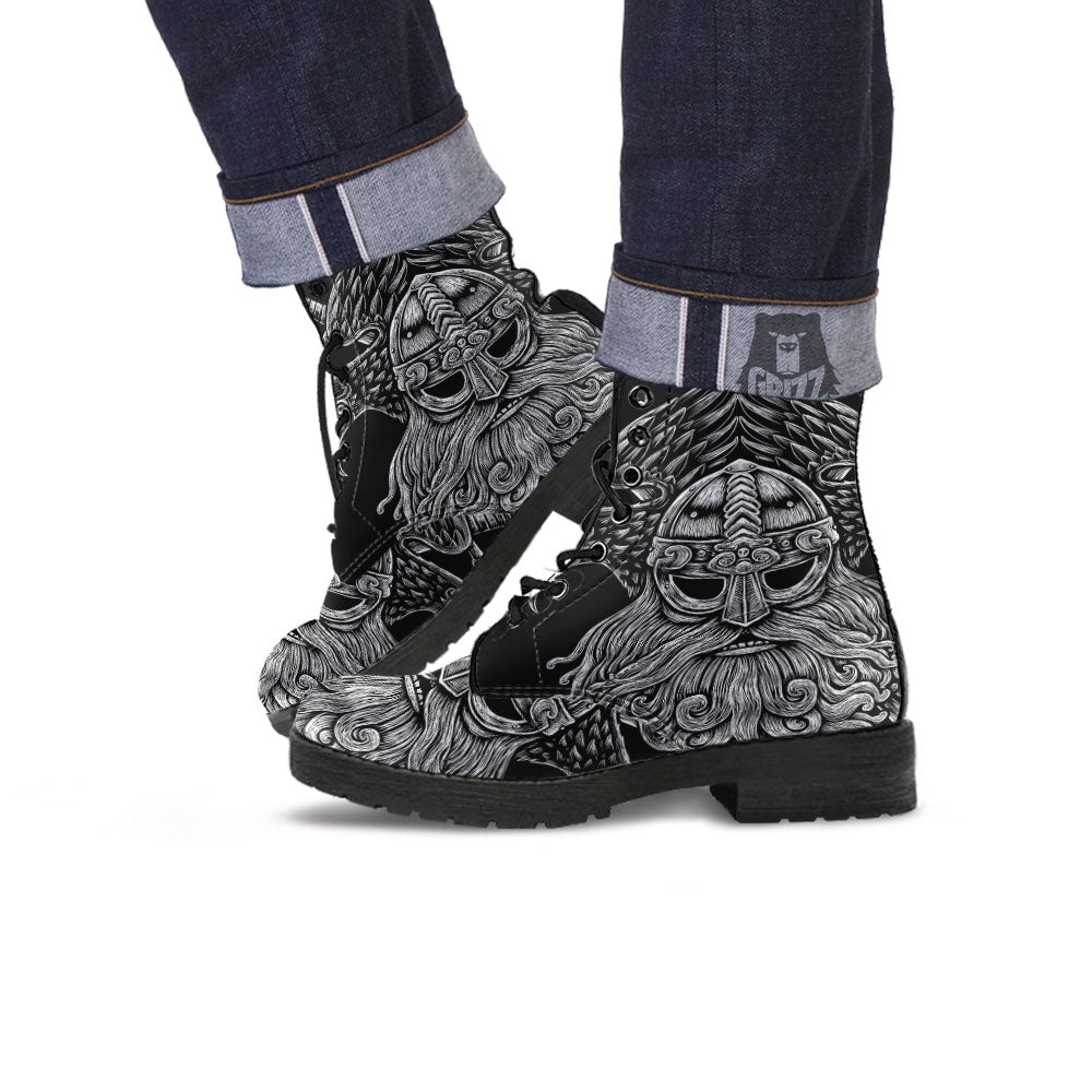 Odin With Crows White And Black Print Leather Boots-grizzshop