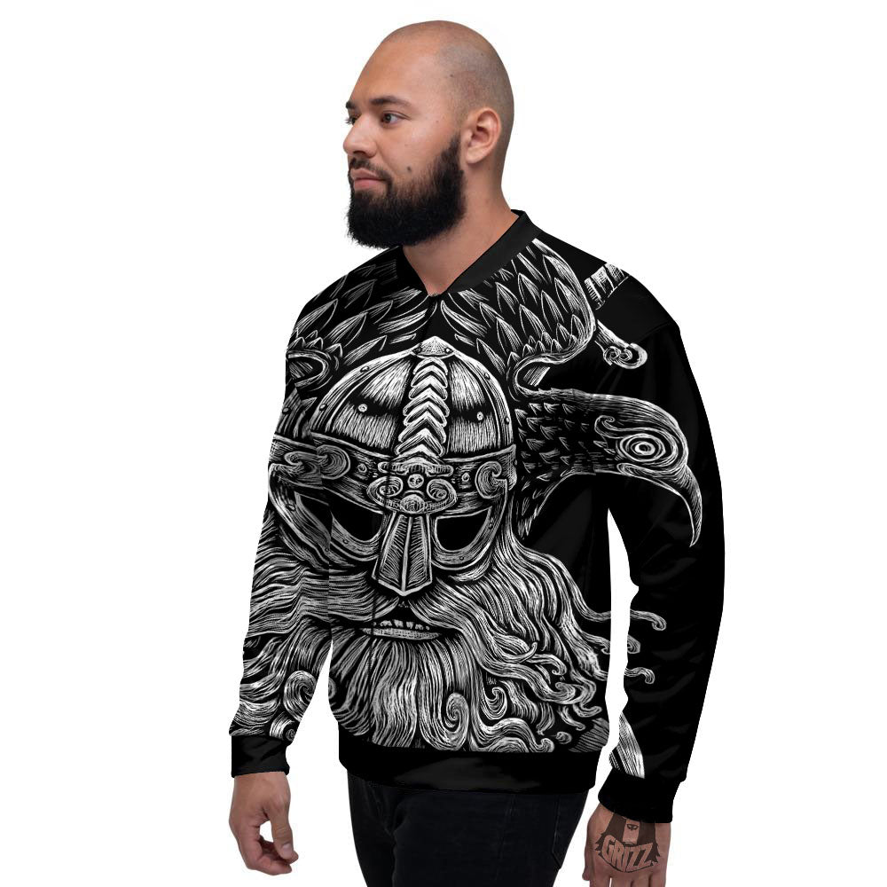 Odin With Crows White And Black Print Men's Bomber Jacket-grizzshop