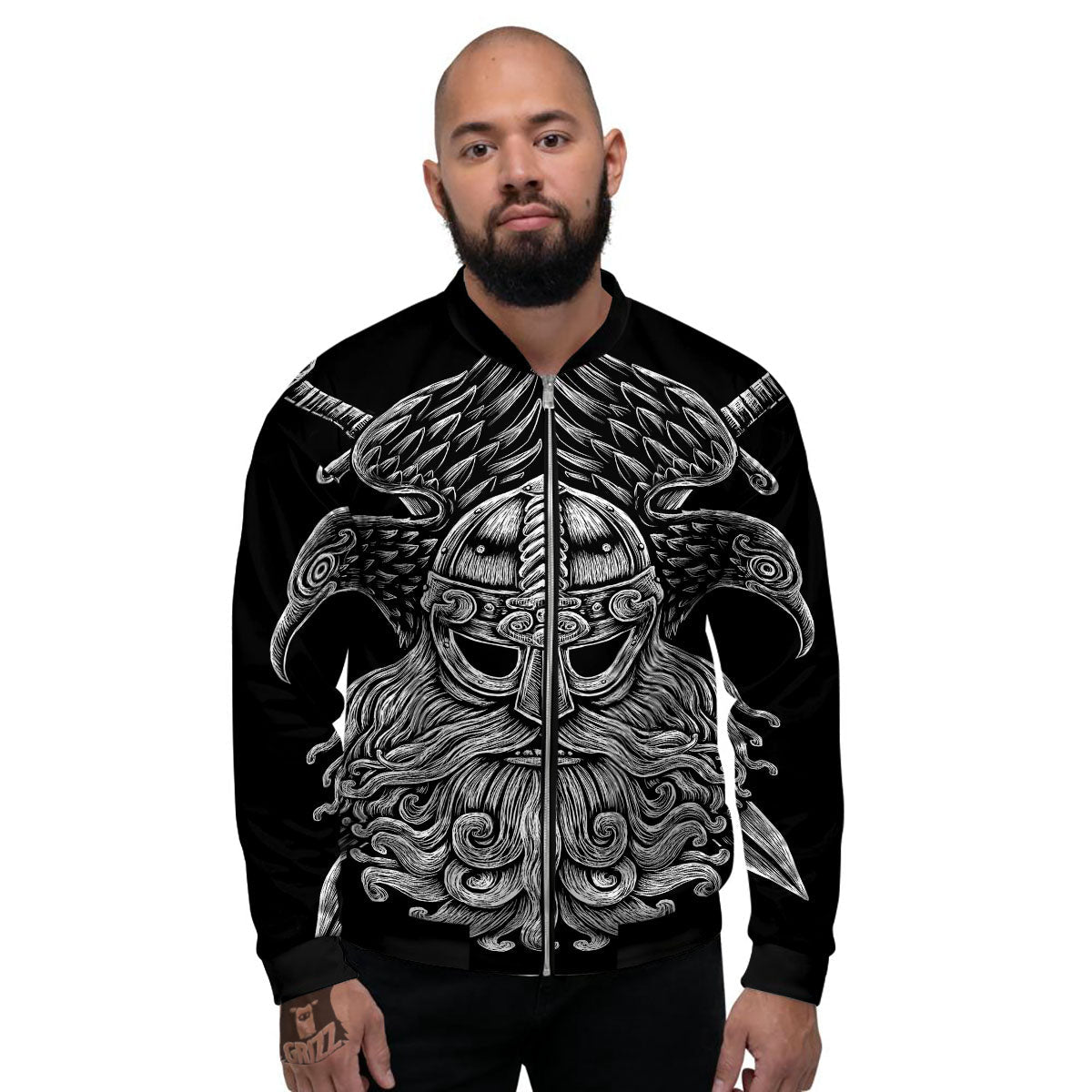 Odin With Crows White And Black Print Men's Bomber Jacket-grizzshop