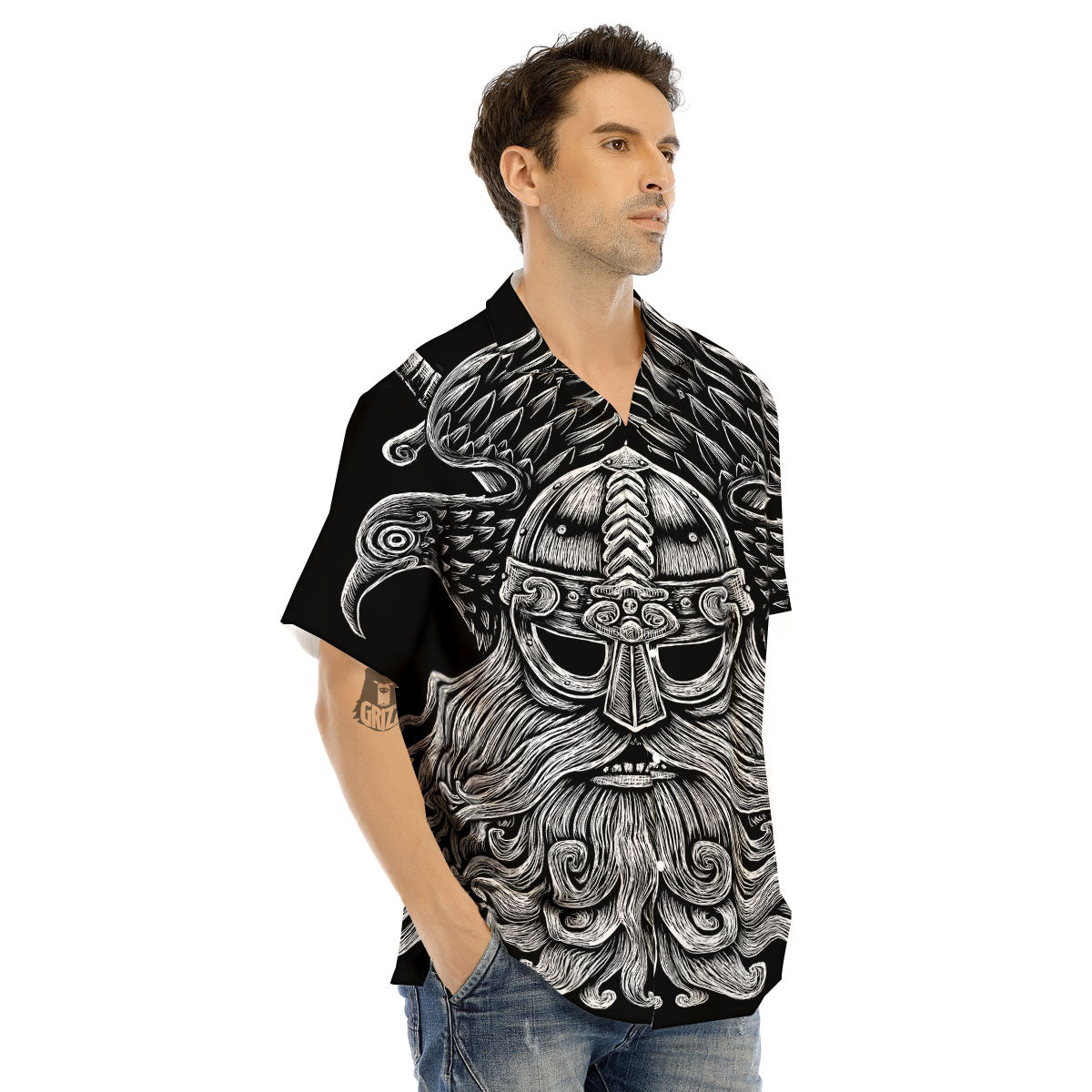 Odin With Crows White And Black Print Men's Hawaiian Shirt-grizzshop