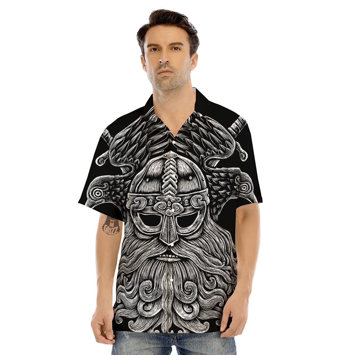 Odin With Crows White And Black Print Men's Hawaiian Shirt-grizzshop