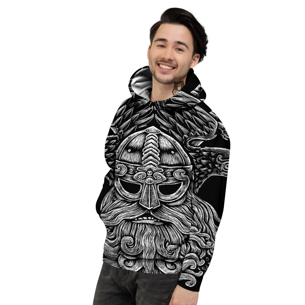 Odin With Crows White And Black Print Men's Hoodie-grizzshop