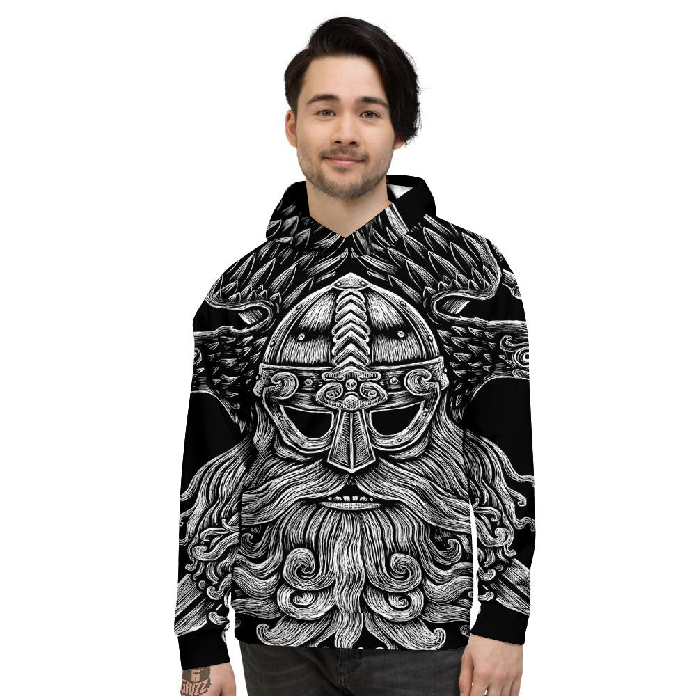 Odin With Crows White And Black Print Men's Hoodie-grizzshop