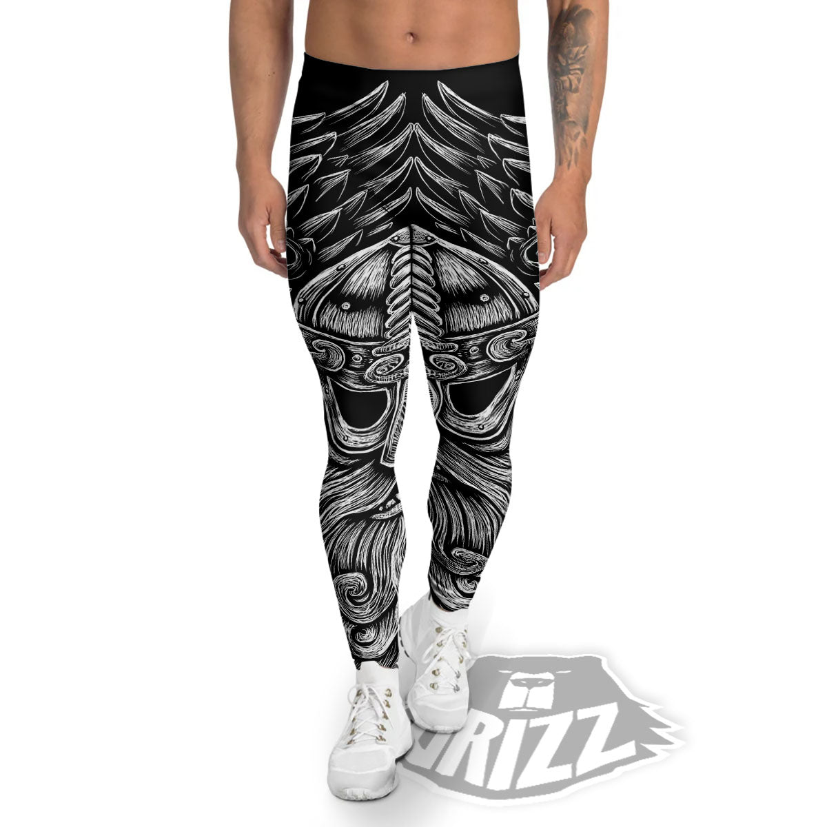 Odin With Crows White And Black Print Men's Leggings-grizzshop