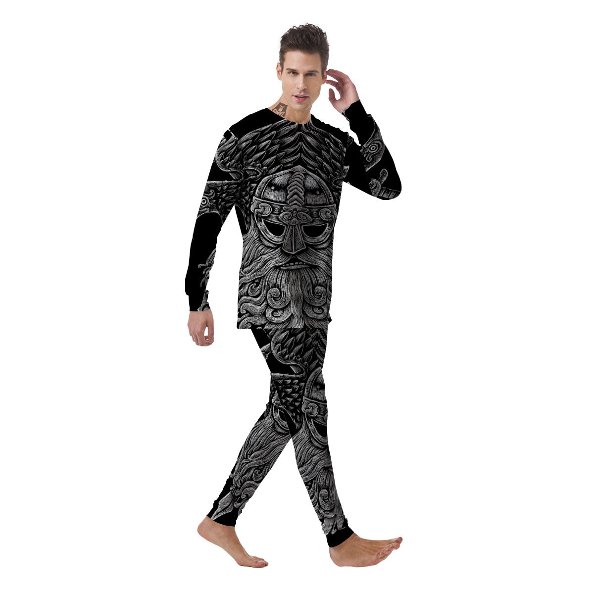 Odin With Crows White And Black Print Men's Pajamas-grizzshop