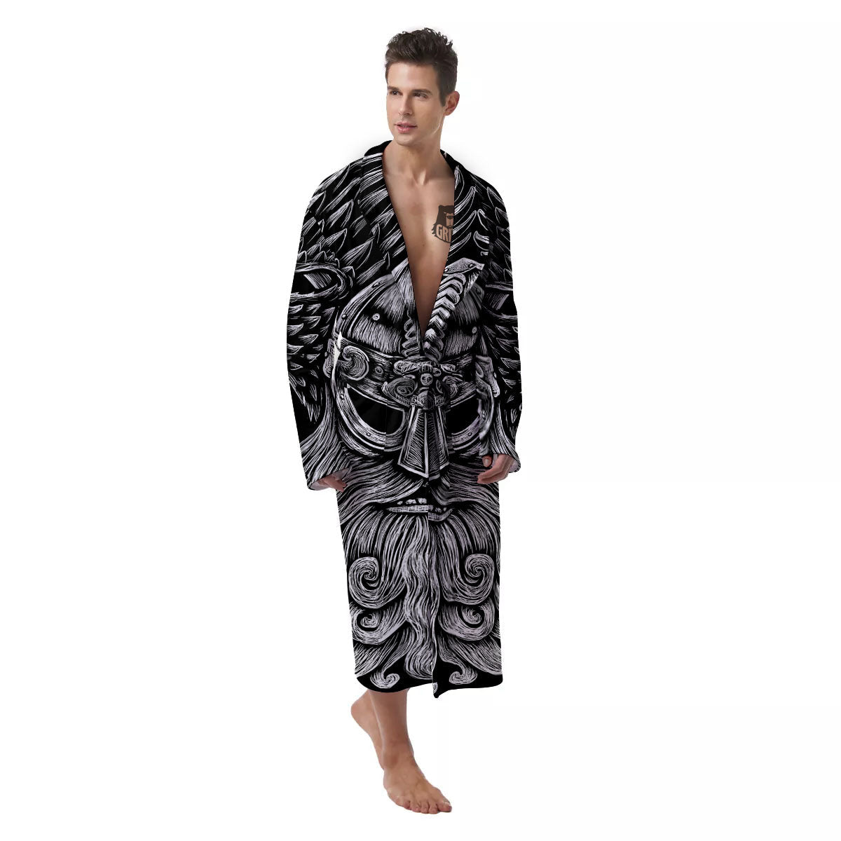 Odin With Crows White And Black Print Men's Robe-grizzshop
