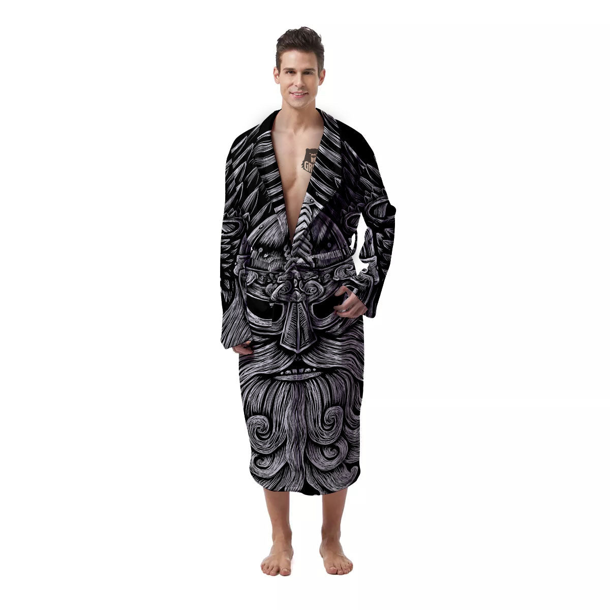 Odin With Crows White And Black Print Men's Robe-grizzshop