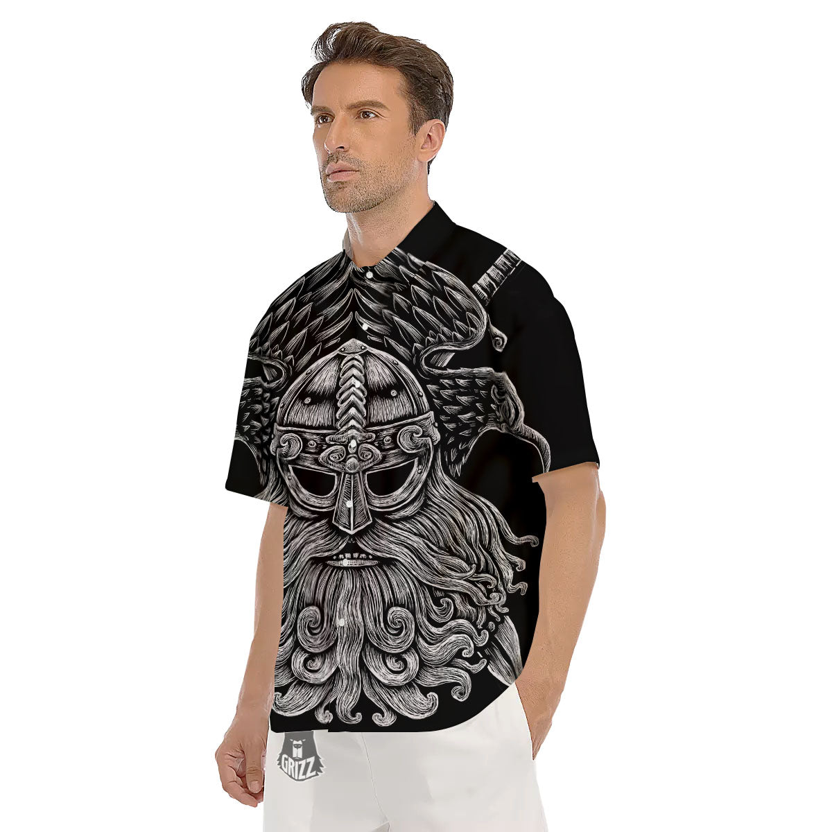 Odin With Crows White And Black Print Men's Short Sleeve Shirts-grizzshop