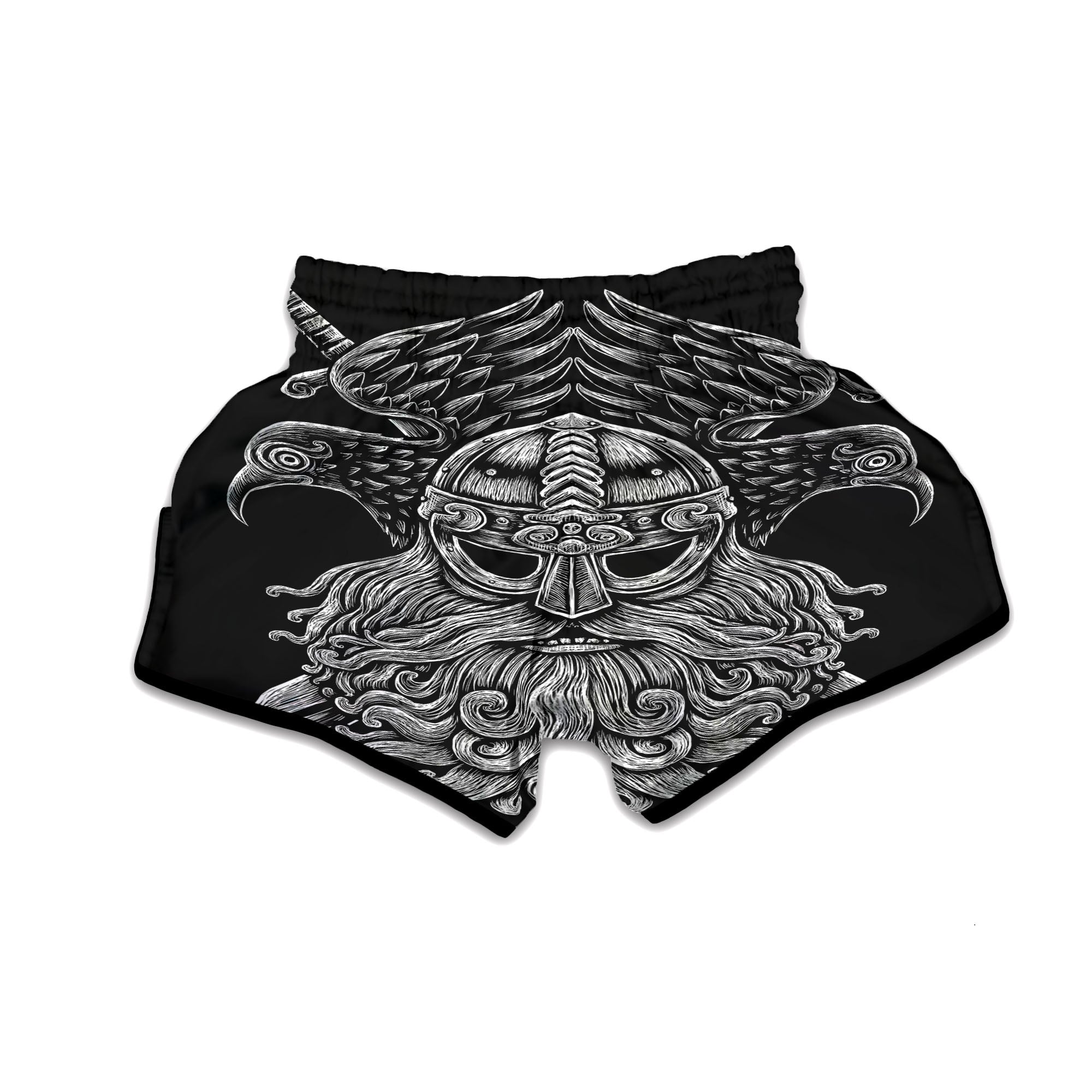 Odin With Crows White And Black Print Muay Thai Boxing Shorts-grizzshop