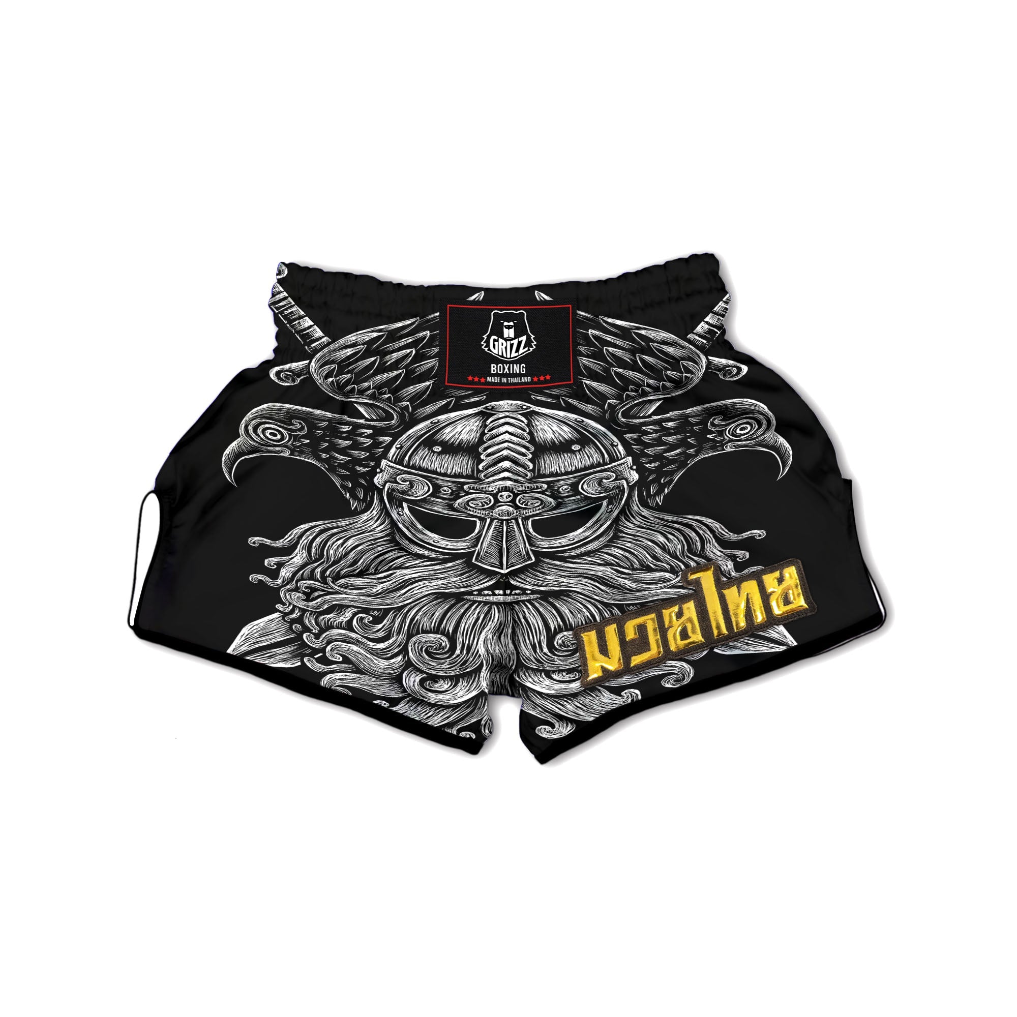 Odin With Crows White And Black Print Muay Thai Boxing Shorts-grizzshop