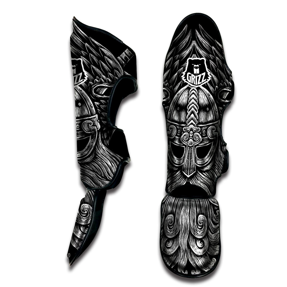 Odin With Crows White And Black Print Muay Thai Shin Guards-grizzshop